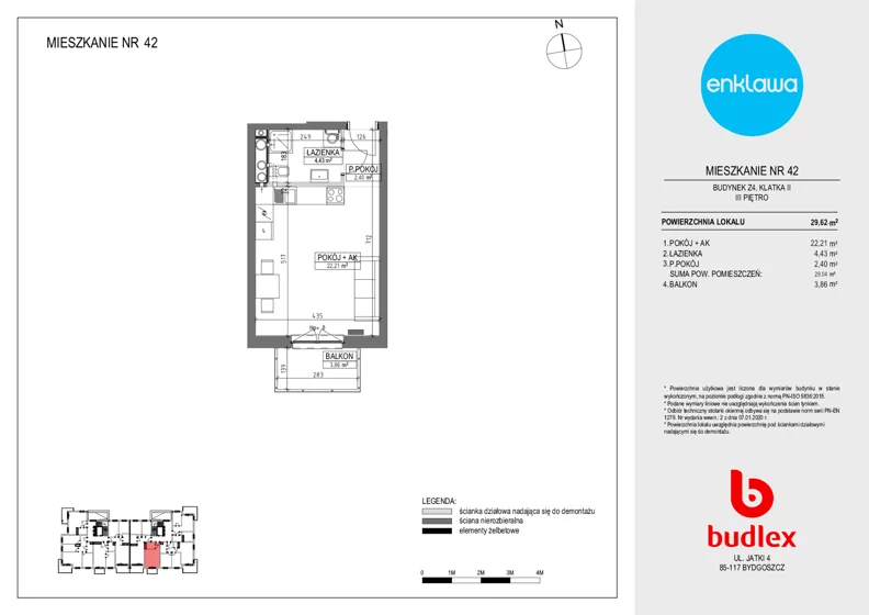 1 pokój, mieszkanie 29,04 m², piętro 3, oferta nr Z4/42, Osiedle Enklawa, Bydgoszcz, Zawisza, ul. Zaświat 24