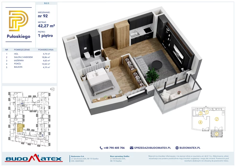 2 pokoje, mieszkanie 42,27 m², piętro 1, oferta nr B203, Pułaskiego, Siedlce, ul. Pułaskiego