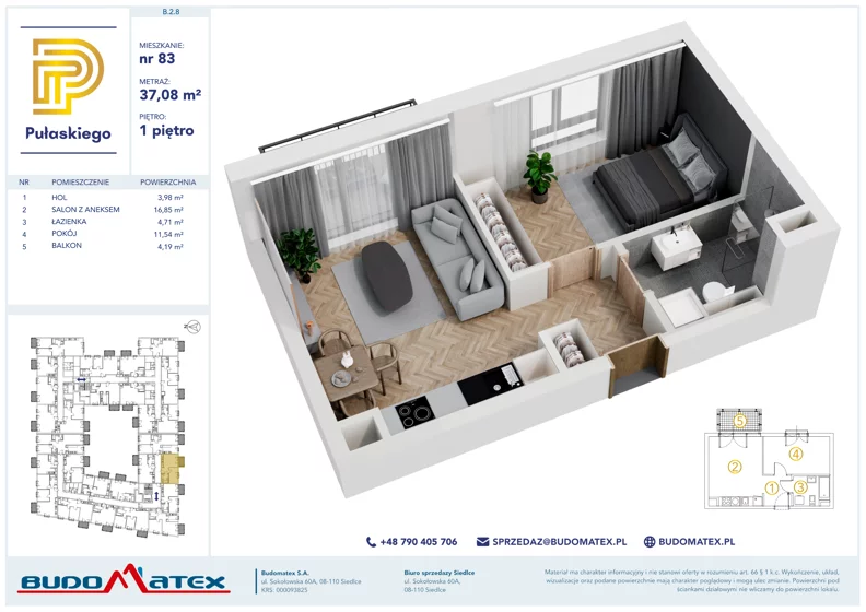 2 pokoje, mieszkanie 37,08 m², piętro 1, oferta nr B208, Pułaskiego, Siedlce, ul. Pułaskiego
