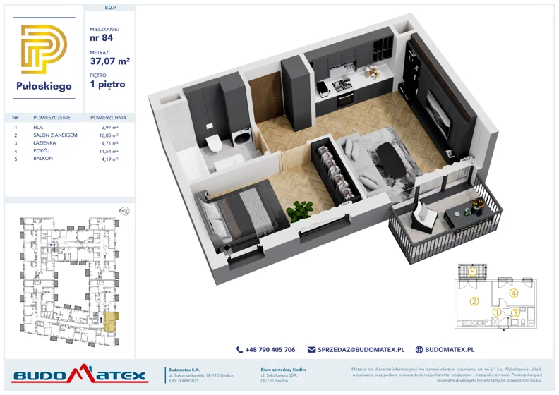2 pokoje, mieszkanie 37,07 m², piętro 1, oferta nr B209, Pułaskiego, Siedlce, ul. Pułaskiego