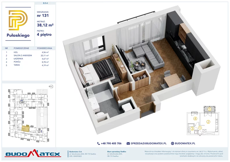 2 pokoje, mieszkanie 38,12 m², piętro 4, oferta nr B504, Pułaskiego, Siedlce, ul. Pułaskiego