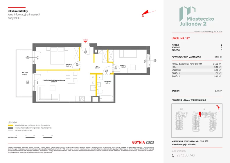 3 pokoje, mieszkanie 63,77 m², piętro 2, oferta nr C2/127, Miasteczko Julianów 2, Julianów, ul. Architektów