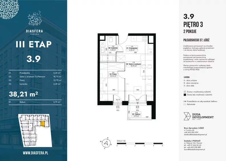 2 pokoje, apartament 38,21 m², piętro 3, oferta nr 3.9, Diasfera III, Łódź, Śródmieście, al. Piłsudskiego 37