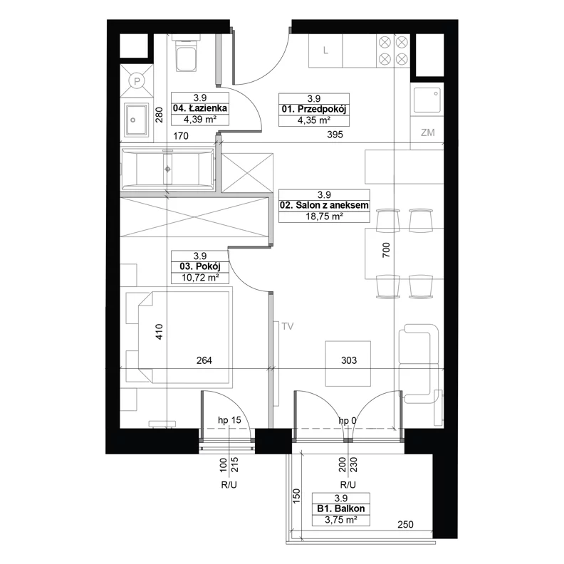 2 pokoje, apartament 38,21 m², piętro 3, oferta nr 3.9, Diasfera III, Łódź, Śródmieście, al. Piłsudskiego 37