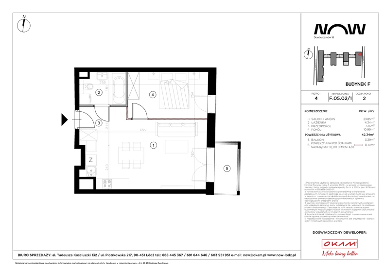 2 pokoje, apartament 42,34 m², piętro 4, oferta nr F.05.02/1, NOW, Łódź, Widzew, Stary Widzew, ul. Dowborczyków 18