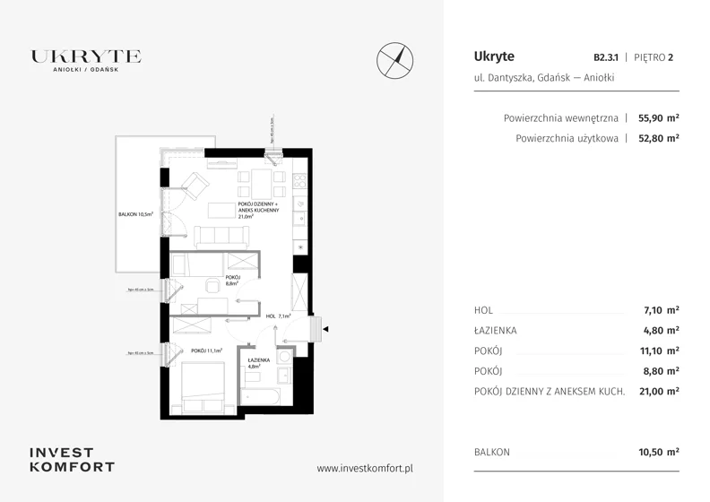3 pokoje, apartament 52,80 m², piętro 2, oferta nr DANT_DANT_B2.3.1, Ukryte, Gdańsk, Aniołki, ul. Dantyszka