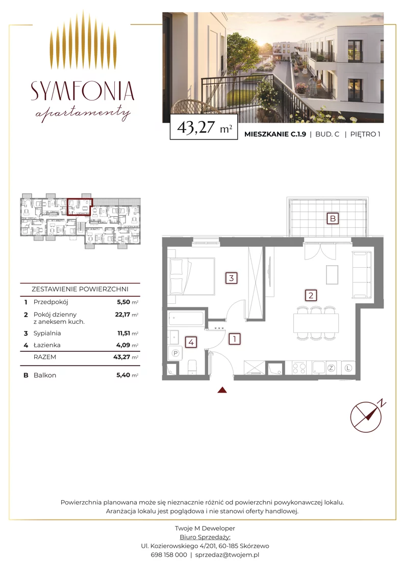 2 pokoje, mieszkanie 43,27 m², piętro 1, oferta nr C.1.9, Apartamenty Symfonia etap 2, Skórzewo, ul. Mozarta 2