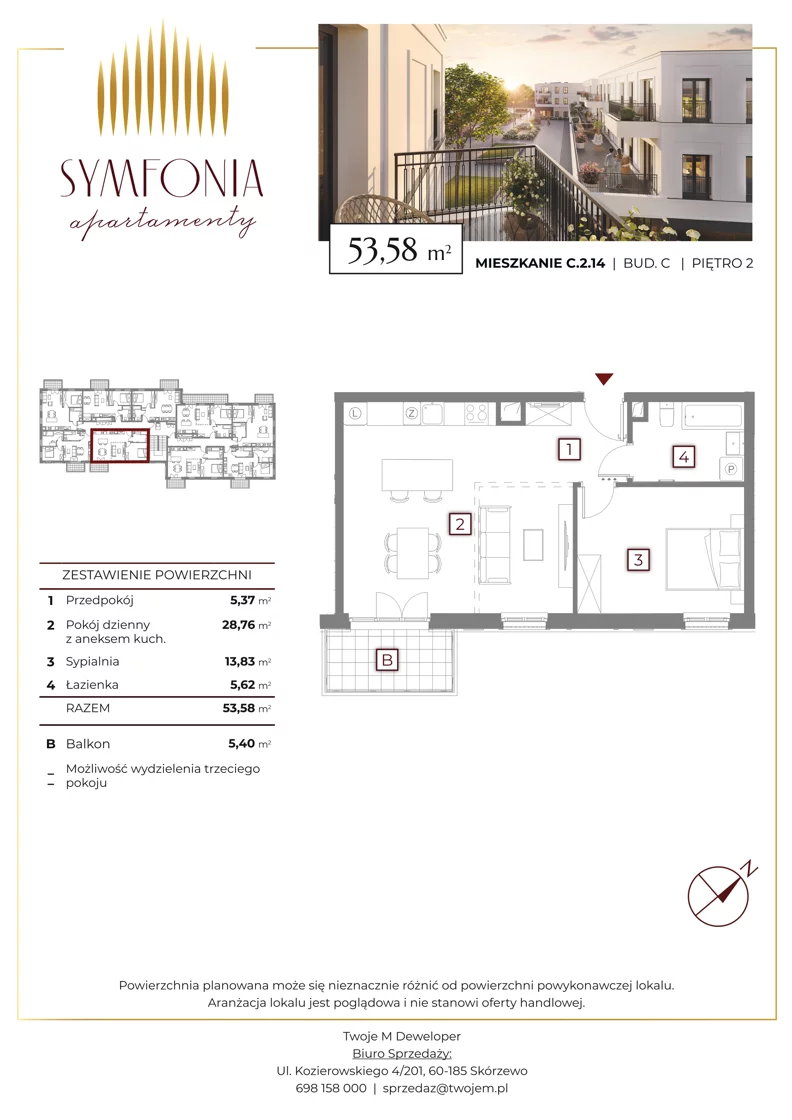2 pokoje, mieszkanie 53,58 m², piętro 2, oferta nr C.2.14, Apartamenty Symfonia etap 2, Skórzewo, ul. Mozarta 2