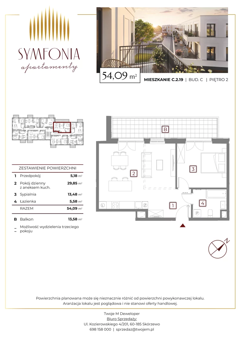 2 pokoje, mieszkanie 54,09 m², piętro 2, oferta nr C.2.19, Apartamenty Symfonia etap 2, Skórzewo, ul. Mozarta 2
