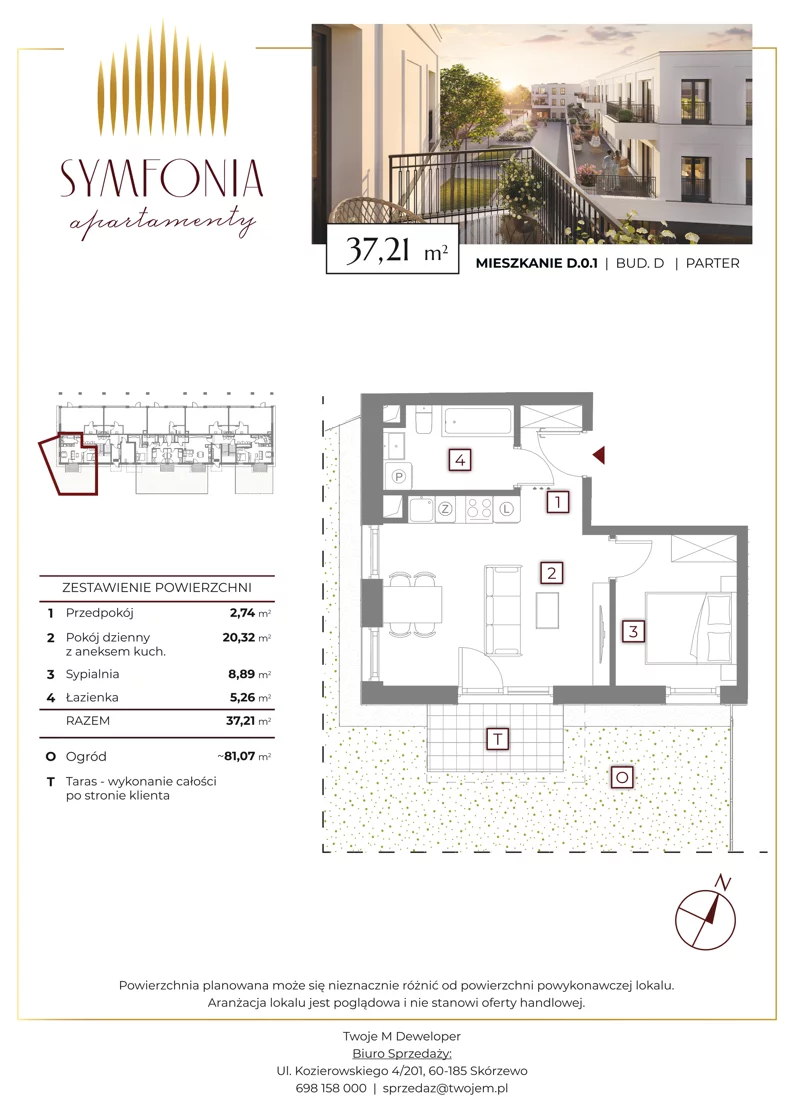 2 pokoje, mieszkanie 37,21 m², parter, oferta nr D.0.1, Apartamenty Symfonia etap 2, Skórzewo, ul. Mozarta 2