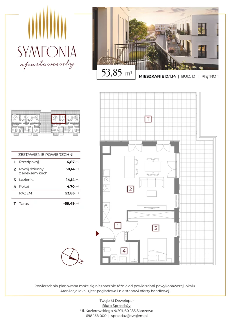 2 pokoje, mieszkanie 53,85 m², piętro 1, oferta nr D.1.14, Apartamenty Symfonia etap 2, Skórzewo, ul. Mozarta 2