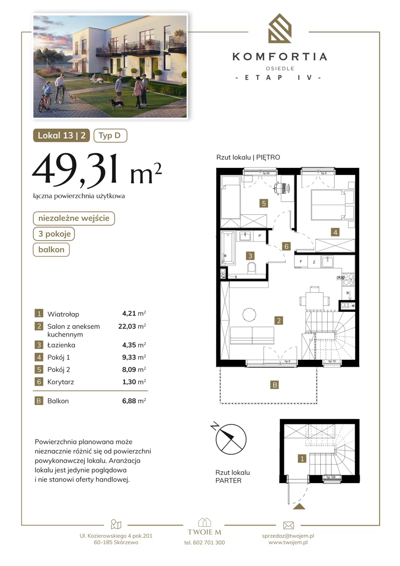 3 pokoje, mieszkanie 50,06 m², piętro 1, oferta nr 13-2, Komfortia, Skórzewo, ul. Chopina