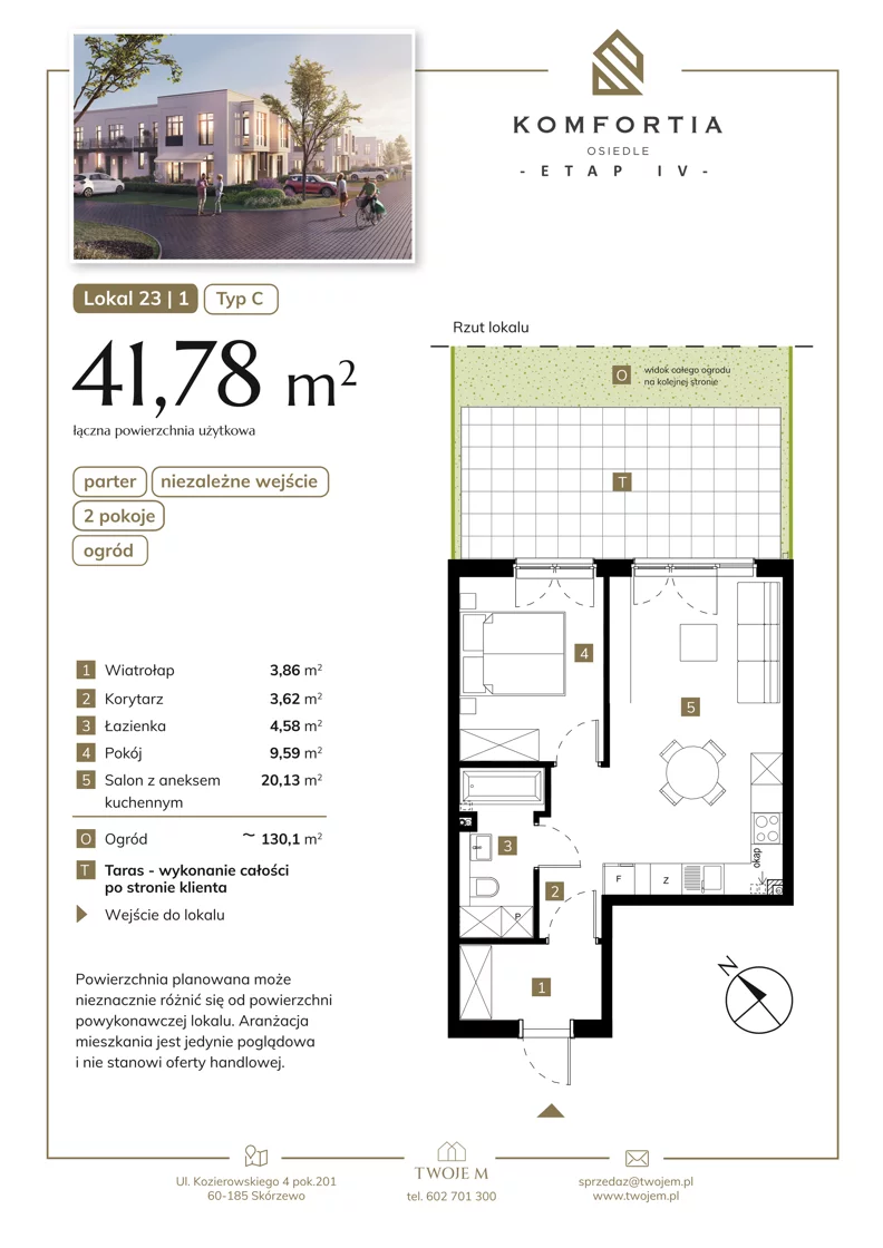 2 pokoje, mieszkanie 41,78 m², parter, oferta nr 23-1, Komfortia, Skórzewo, ul. Chopina