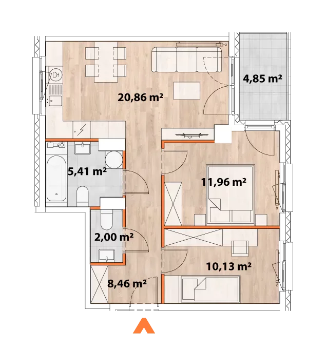 3 pokoje, mieszkanie 58,50 m², piętro 5, oferta nr 43/POR-B.05.01, Apartamenty Portowa, Kraków, Podgórze, Zabłocie, ul. Portowa 43