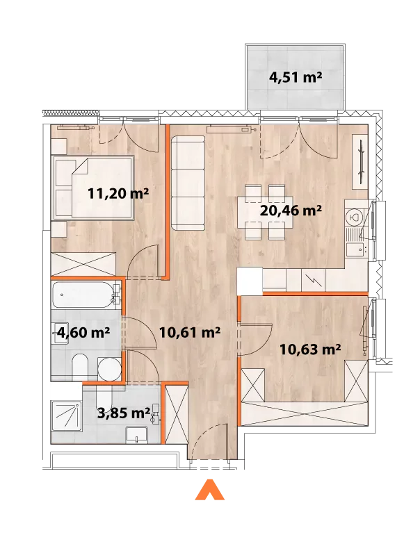 3 pokoje, mieszkanie 60,90 m², piętro 5, oferta nr 43/POR-B.05.02, Apartamenty Portowa, Kraków, Podgórze, Zabłocie, ul. Portowa 43