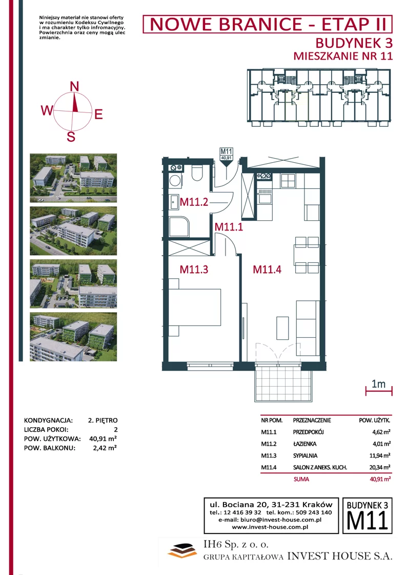 2 pokoje, mieszkanie 41,05 m², piętro 2, oferta nr B3-M11, Nowe Branice – Etap II, Kraków, Nowa Huta, Branice, ul. Szymańskiego