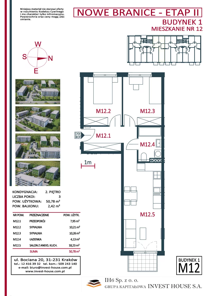 3 pokoje, mieszkanie 50,79 m², piętro 2, oferta nr B1-M12, Nowe Branice – Etap II, Kraków, Nowa Huta, Branice, ul. Szymańskiego