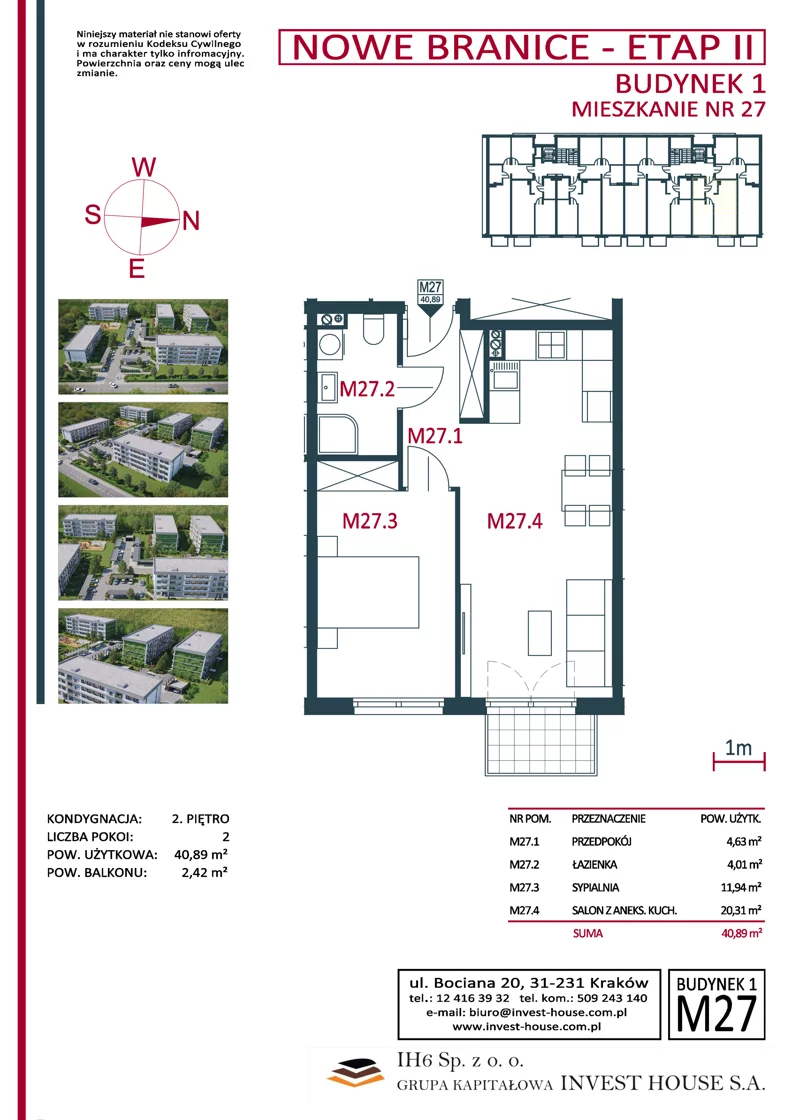 2 pokoje, mieszkanie 41,04 m², piętro 2, oferta nr B1-M27, Nowe Branice – Etap II, Kraków, Nowa Huta, Branice, ul. Szymańskiego