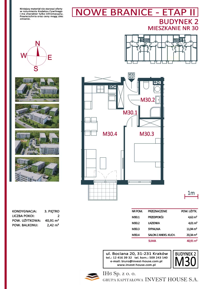 2 pokoje, mieszkanie 41,05 m², piętro 3, oferta nr B2-M30, Nowe Branice – Etap II, Kraków, Nowa Huta, Branice, ul. Szymańskiego