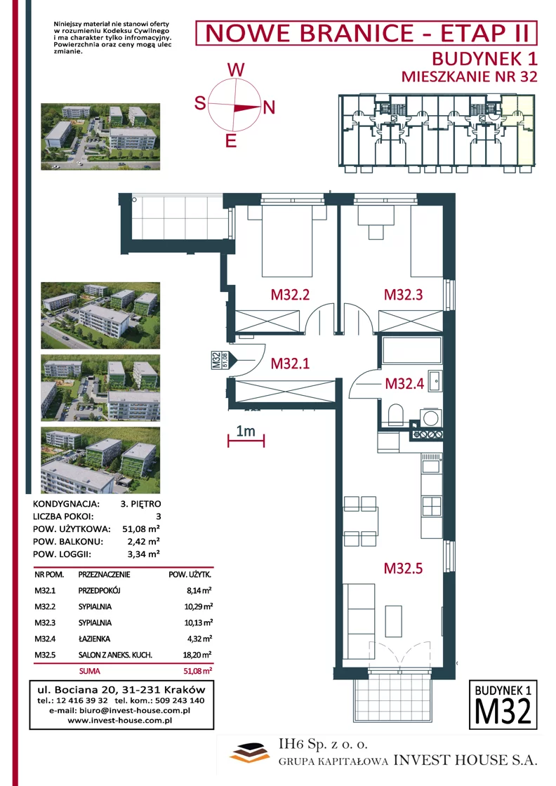3 pokoje, mieszkanie 51,09 m², piętro 3, oferta nr B1-M32, Nowe Branice – Etap II, Kraków, Nowa Huta, Branice, ul. Szymańskiego