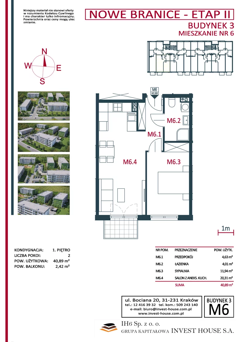 2 pokoje, mieszkanie 41,04 m², piętro 1, oferta nr B3-M6, Nowe Branice – Etap II, Kraków, Nowa Huta, Branice, ul. Szymańskiego