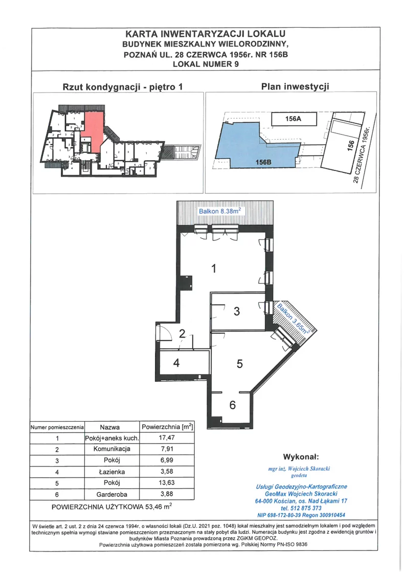 3 pokoje, apartament 53,46 m², piętro 1, oferta nr WS-B2-LM-M.1.3, Wilda Story, Poznań, Wilda, Wilda, ul. 28 Czerwca 1956 r. 156
