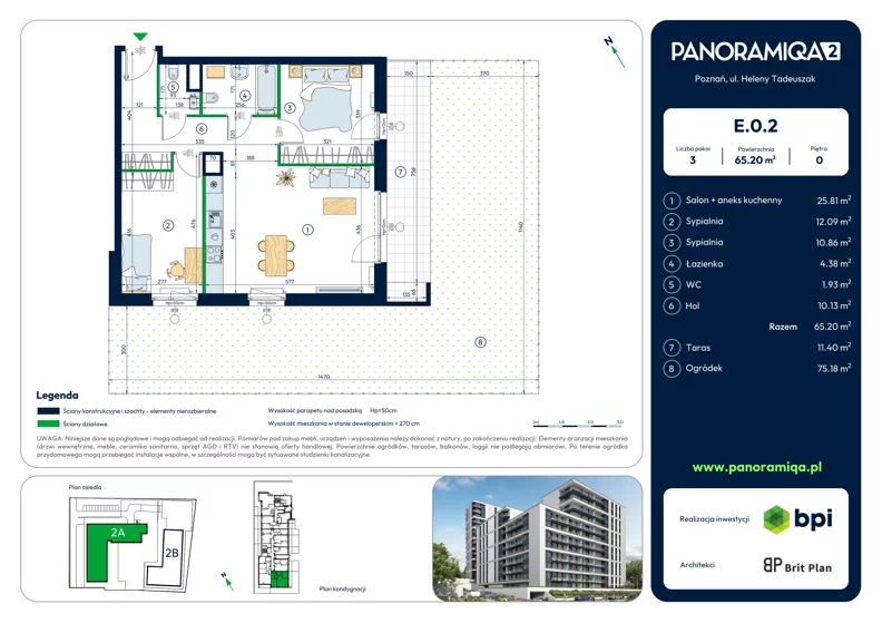 3 pokoje, mieszkanie 65,20 m², parter, oferta nr E-0-2, Panoramiqa II, Poznań, Rataje, Starołęka, ul. Heleny Tadeuszak