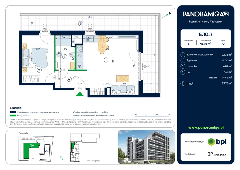 2 pokoje, mieszkanie 46,55 m², piętro 10, oferta nr E-10-7, Panoramiqa II, Poznań, Rataje, Starołęka, ul. Heleny Tadeuszak