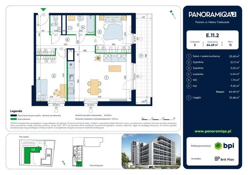 3 pokoje, mieszkanie 64,69 m², piętro 11, oferta nr E-11-2, Panoramiqa II, Poznań, Rataje, Starołęka, ul. Heleny Tadeuszak