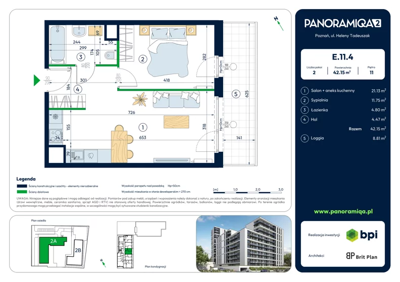 2 pokoje, mieszkanie 42,15 m², piętro 11, oferta nr E-11-4, Panoramiqa II, Poznań, Rataje, Starołęka, ul. Heleny Tadeuszak