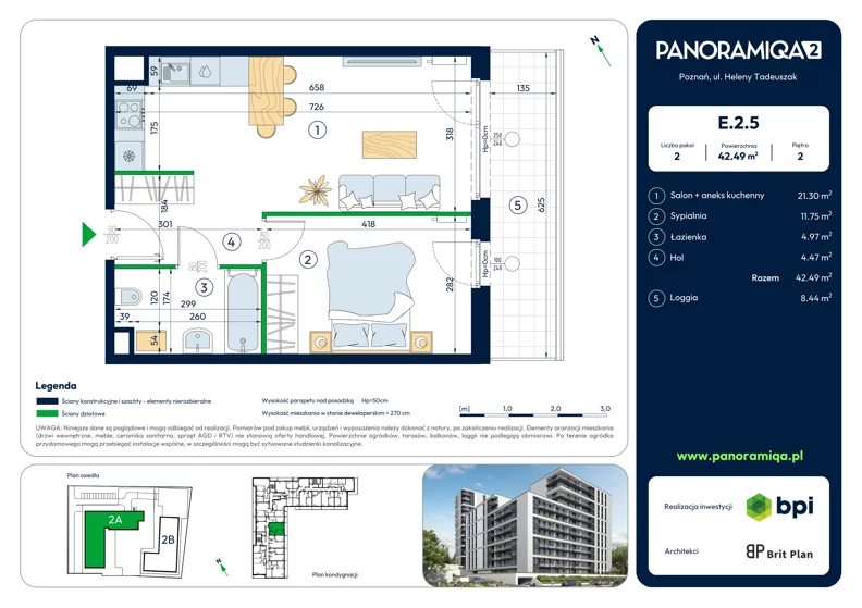 2 pokoje, mieszkanie 42,49 m², piętro 2, oferta nr E-2-5, Panoramiqa II, Poznań, Rataje, Starołęka, ul. Heleny Tadeuszak