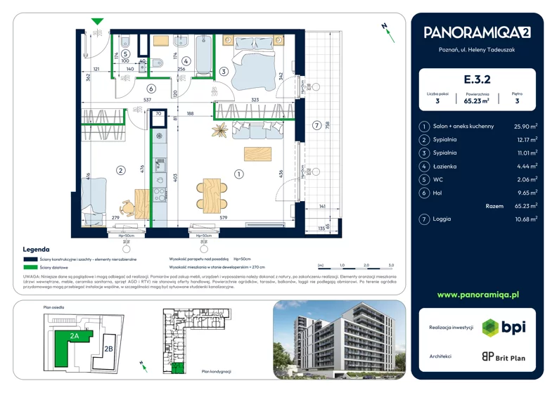 3 pokoje, mieszkanie 65,23 m², piętro 3, oferta nr E-3-2, Panoramiqa II, Poznań, Rataje, Starołęka, ul. Heleny Tadeuszak