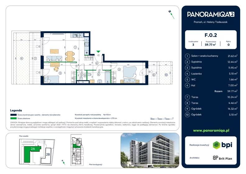 3 pokoje, mieszkanie 59,77 m², parter, oferta nr F-0-2, Panoramiqa II, Poznań, Rataje, Starołęka, ul. Heleny Tadeuszak