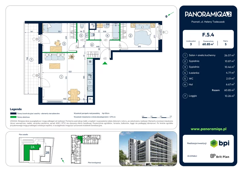 3 pokoje, mieszkanie 60,85 m², piętro 5, oferta nr F-5-4, Panoramiqa II, Poznań, Rataje, Starołęka, ul. Heleny Tadeuszak