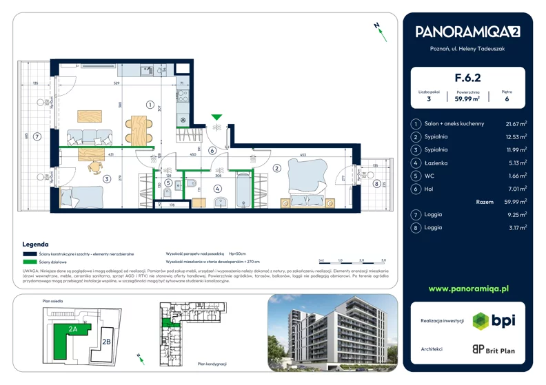 3 pokoje, mieszkanie 59,99 m², piętro 6, oferta nr F-6-2, Panoramiqa II, Poznań, Rataje, Starołęka, ul. Heleny Tadeuszak