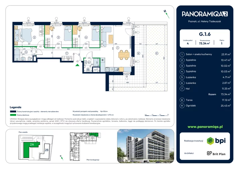 4 pokoje, mieszkanie 73,34 m², piętro 1, oferta nr G-1-6, Panoramiqa II, Poznań, Rataje, Starołęka, ul. Heleny Tadeuszak