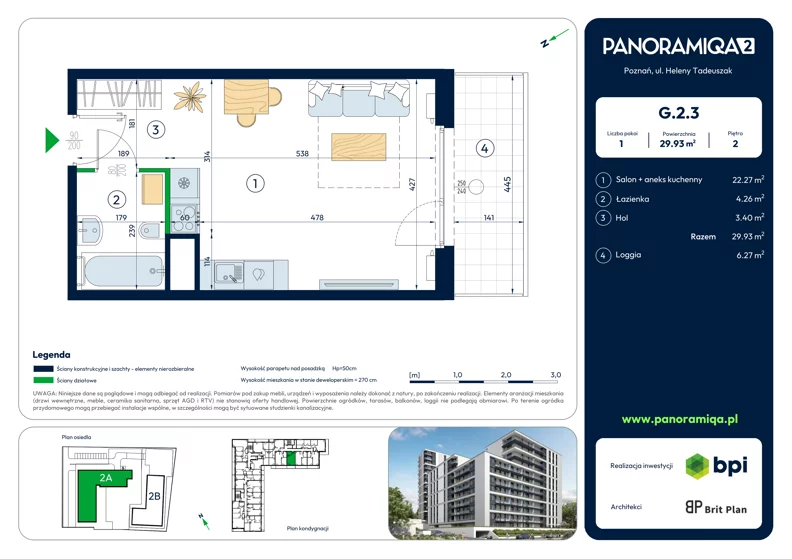 1 pokój, mieszkanie 29,93 m², piętro 2, oferta nr G-2-3, Panoramiqa II, Poznań, Rataje, Starołęka, ul. Heleny Tadeuszak