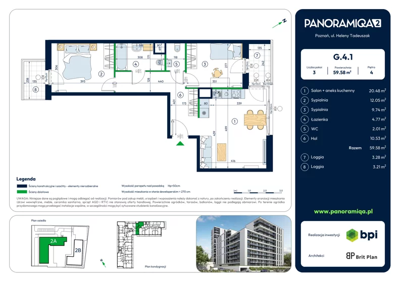 3 pokoje, mieszkanie 59,58 m², piętro 4, oferta nr G-4-1, Panoramiqa II, Poznań, Rataje, Starołęka, ul. Heleny Tadeuszak