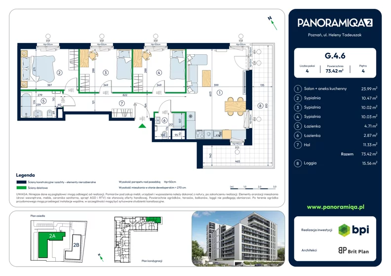 4 pokoje, mieszkanie 73,42 m², piętro 4, oferta nr G-4-6, Panoramiqa II, Poznań, Rataje, Starołęka, ul. Heleny Tadeuszak