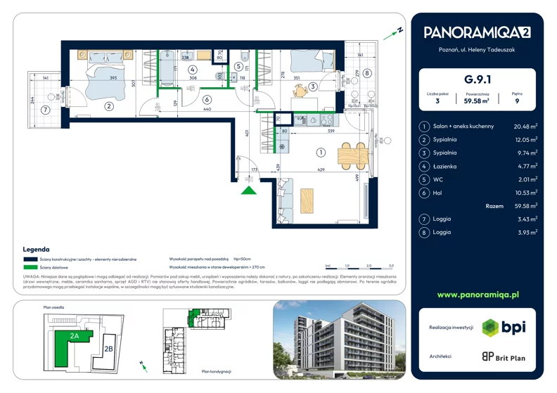 3 pokoje, mieszkanie 59,58 m², piętro 9, oferta nr G-9-1, Panoramiqa II, Poznań, Rataje, Starołęka, ul. Heleny Tadeuszak