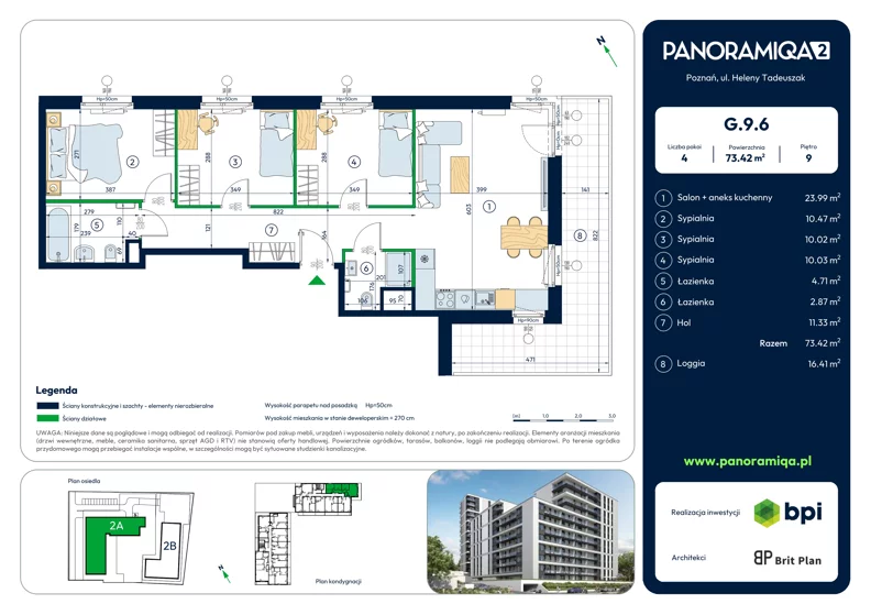 4 pokoje, mieszkanie 73,42 m², piętro 9, oferta nr G-9-6, Panoramiqa II, Poznań, Rataje, Starołęka, ul. Heleny Tadeuszak