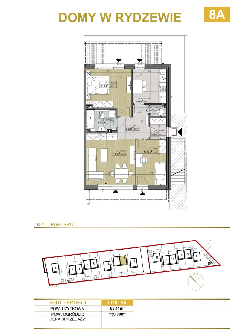 3 pokoje, apartament 68,11 m², parter, oferta nr 8A, Domy w Rydzewie, Rydzewo, ul. Akacjowa
