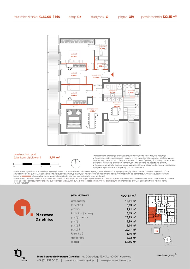 4 pokoje, apartament 122,15 m², piętro 14, oferta nr G.14.05, Pierwsza Dzielnica, Katowice, Bogucice, ul. Henryka Góreckiego 13
