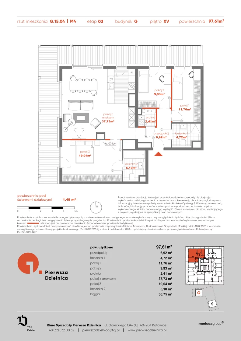 4 pokoje, apartament 97,61 m², piętro 15, oferta nr G.15.04, Pierwsza Dzielnica, Katowice, Bogucice, ul. Henryka Góreckiego 13