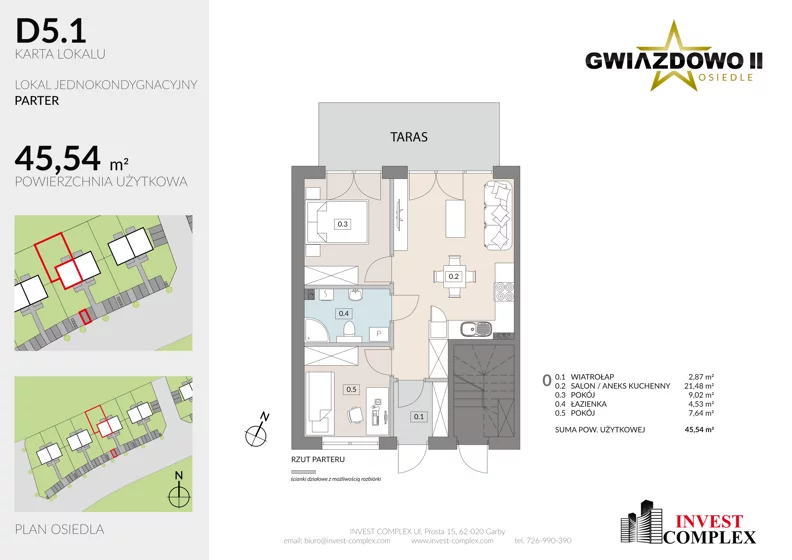 3 pokoje, mieszkanie 45,39 m², parter, oferta nr D5.1, Osiedle Gwiazdowo II, Kostrzyn, Gwiazdowo, ul. Półwiejska