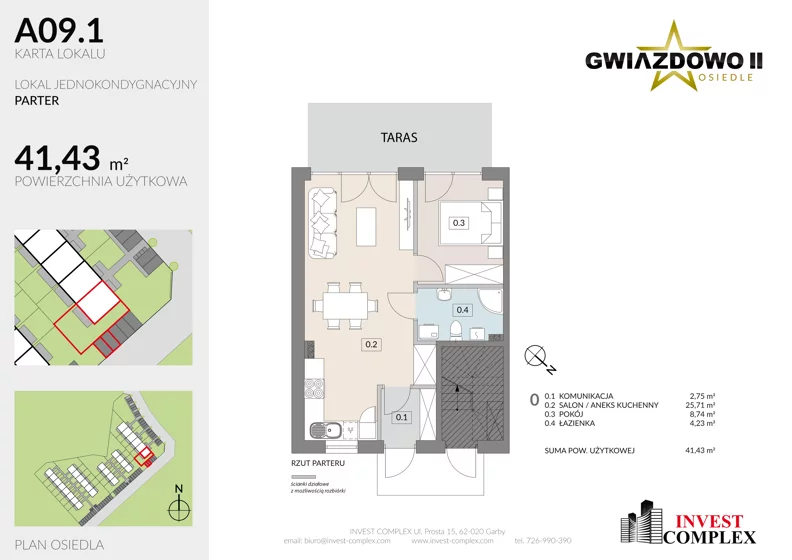 2 pokoje, mieszkanie 41,48 m², parter, oferta nr A9.1, Osiedle Gwiazdowo II, Kostrzyn, Gwiazdowo, ul. Półwiejska
