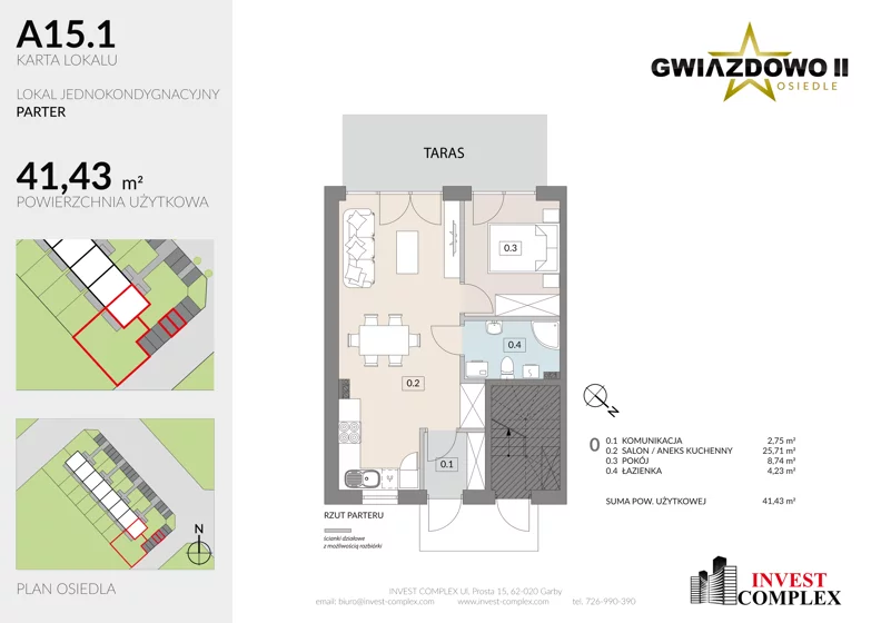2 pokoje, mieszkanie 41,48 m², parter, oferta nr A15.1, Osiedle Gwiazdowo II, Kostrzyn, Gwiazdowo, ul. Półwiejska