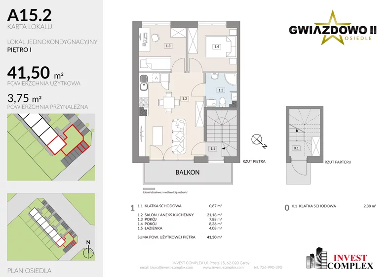 3 pokoje, mieszkanie 45,29 m², piętro 1, oferta nr A15.2, Osiedle Gwiazdowo II, Kostrzyn, Gwiazdowo, ul. Półwiejska