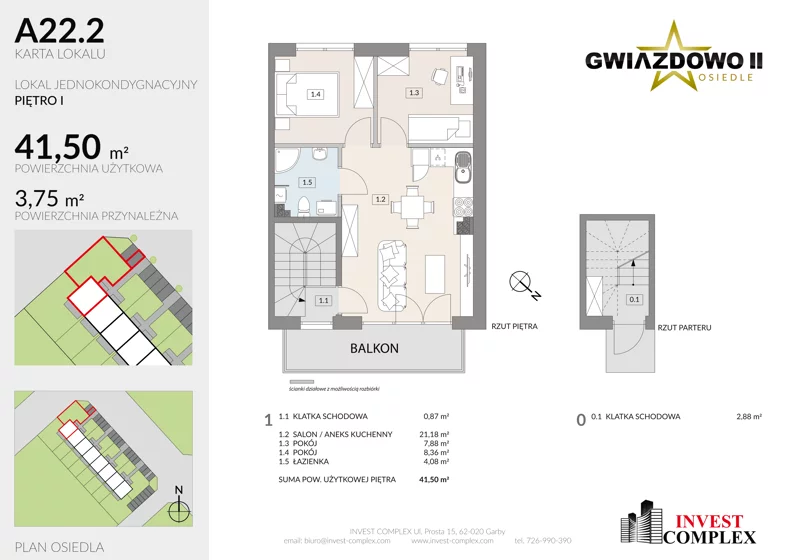 3 pokoje, mieszkanie 45,29 m², piętro 1, oferta nr A22.2, Osiedle Gwiazdowo II, Kostrzyn, Gwiazdowo, ul. Półwiejska