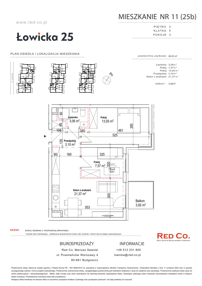 3 pokoje, mieszkanie 49,03 m², piętro 2, oferta nr 11B, Łowicka 25, Bydgoszcz, Brdyujście, ul. Łowicka 25